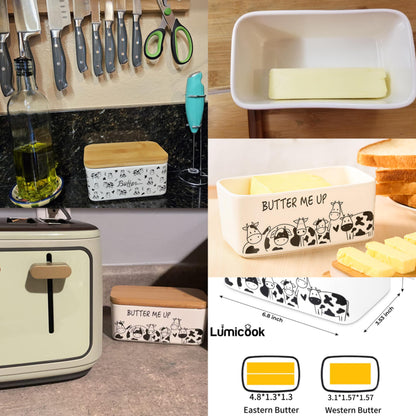 Lumicook Porcelain Butter Dish with Lid, Natural Bamboo Lid, Seal, Cow Butter Holder, Easily Fits 2 Sticks of Butter (Butter me up)