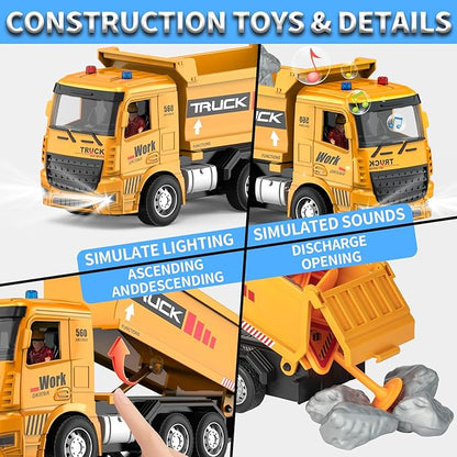 Remote Control Excavator and Dump Truck Toy Set - RC Construction Vehicles Toy with Barricades Road Signs Simulated Rocks Lights and Sounds Present for Toddlers 3-12 Year Boys Girls