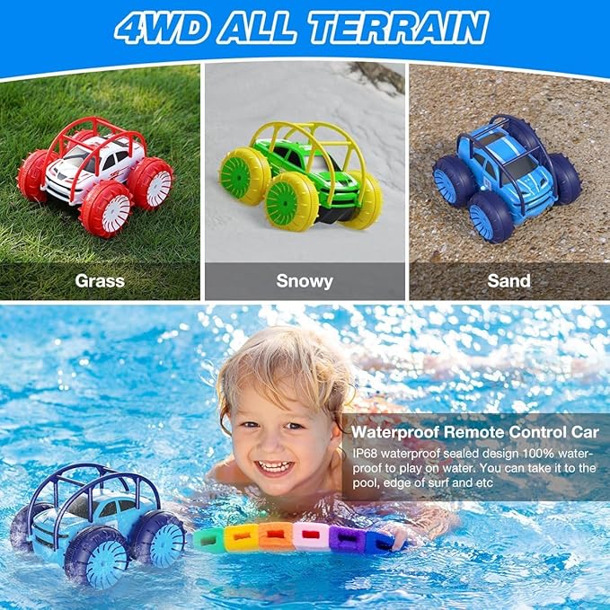 MaxTronic Amphibious Remote Control CarRechargeable RC Cars Toy 360° Flips Rotation Stunt Crawler 15KM/H 4WD All Terrain Outdoor Indoor Toy for Kids Boys Girls 3-12