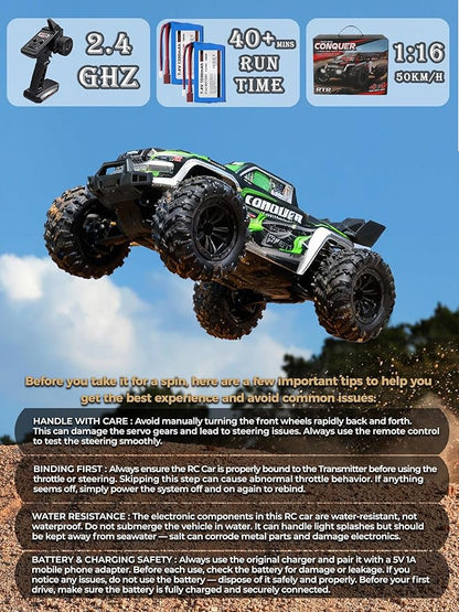 1:16 Scale RC Cars for Adults High-Speed 4WD Offroad Hobby Remote Control Truck 50km/h Fast 2.4GHz All Terrain RC Monster Buggy with 2 Batteries (RTR/Green)