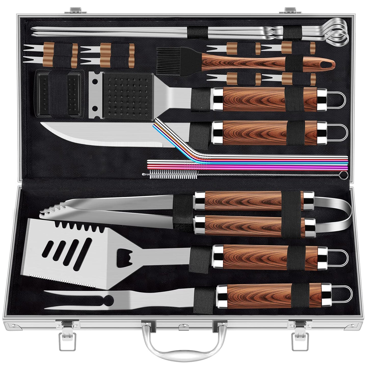 ROMANTICIST 25pcs Extra Thick BBQ Grill Accessories, Fathers Day Grilling Gifts Set for Men Dad, Heavy Duty Grill Tools Utensils Kit with Spatula, Tongs in Aluminum Case for Birthday Brown