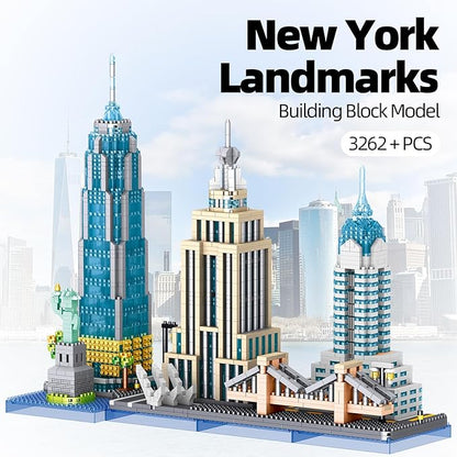 New York Skyline Micro Mini Blocks Building Set The Statue of LibertyEmpire State Architecture Building Brooklyn Bridge Gift for Kids and Adults (3262 Pieces)