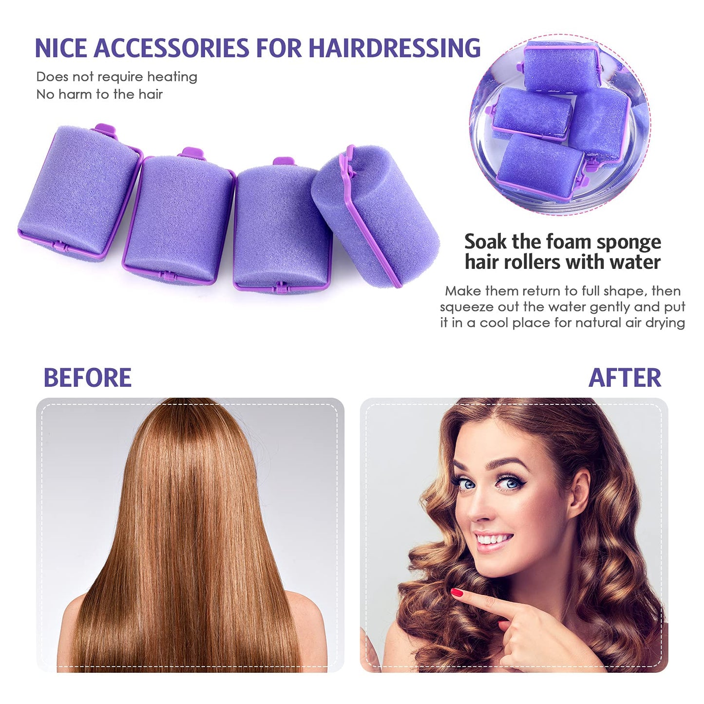 Syhood 12 Pcs Jumbo Foam Sponge Hair Rollers 1.89 Inch Soft Sleeping Curlers Flexible Large Foam Rollers and Rat Tail Comb for Hair Styling(Purple)