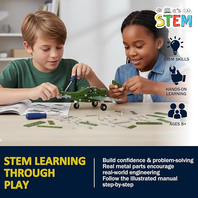Metal Model Airplane Building Toys for Boys &amp Girls Ages 8-16 258 Pieces DIY STEM Construction Kits Educational Engineering Science Plane Set Vintage Aircraft Vehicle Gift for Kids &amp Adults