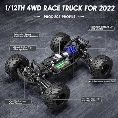 HAIBOXING 1:12 Scale RC Cars 903 RC Monster Truck 38 km/h Speed Hobby Fast RC Cars for Kids and Adults Toy Gifts 2.4 GHz 4WD Electric Powered Remote Control Trucks Ready to Run 40+ Min Playtime