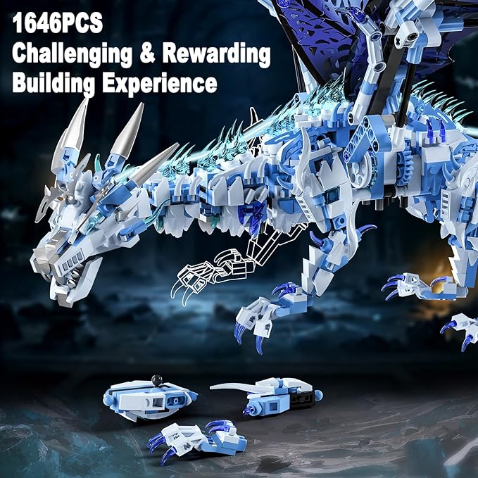 Mechanical Ice Dragon Building Block Toy Kit with LED Light Movable Linkage Gears Display Stand - Fantasy Dragon Model Kit for Teens &amp Adults 1646 PCS