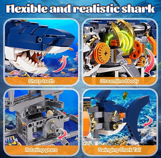 Mechanical Shark Fish Building Block Set687 PCS Movable Ocean Animals Decor Collection Toy Compatible with Lego Sets for Boys 8-14STEM Birthday Gift for Adults Women Girls Boys Age 8-12(with LED)