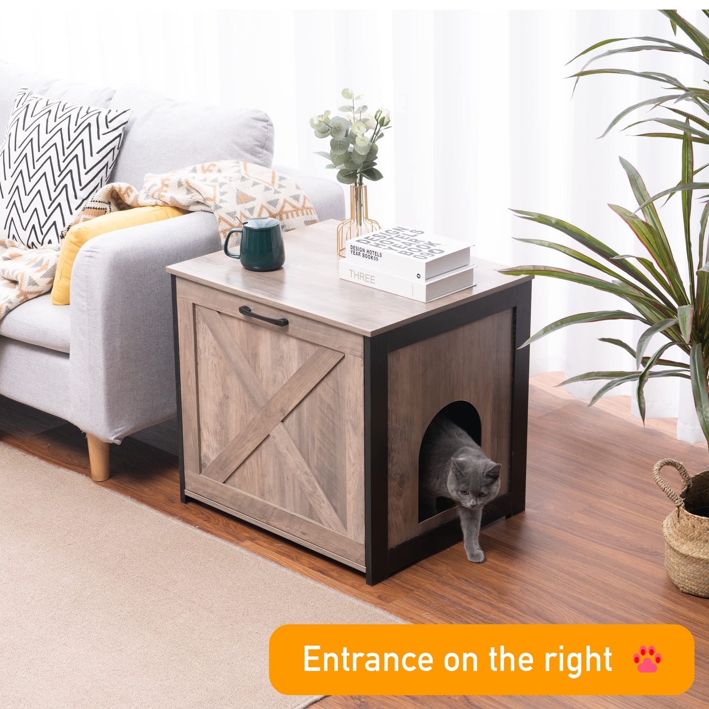 Dwanton Cat Litter Box Furniture Hidden, Cat Litter Box Enclosure, Reversible Entrance Can Be on Left or Right Side, Indoor Cabinet, Wooden Washroom, End Table, Nightstand, Greige, 23.6" L