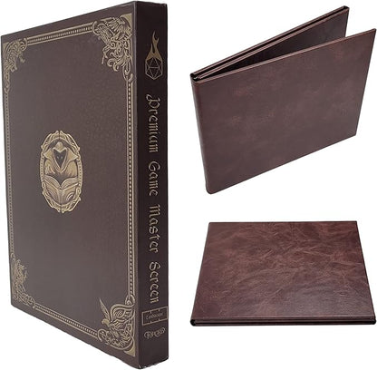 Game Master Screen - 38.5in Landscape DM Screen Compatible with Dungeons and Dragons and Other TTRPG - Faux Dragon Skin with Clear Dry Erase 8.5 x 11 Pockets - Slipcase Stores with DND Books - Brown