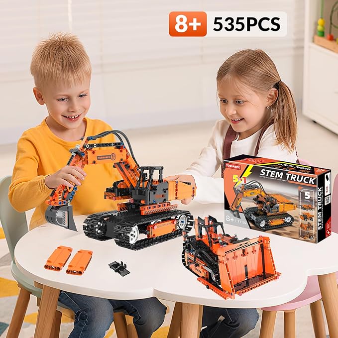 5in1 STEM Building Kits for Kids STEM Building Toys for Kid Remote &amp APP Controlled Excavator/Crane/Bulldozer/Road Roller/Dump Trucks Building Blocks Set for Boys Girls Birthday Xmas Idea Gifts