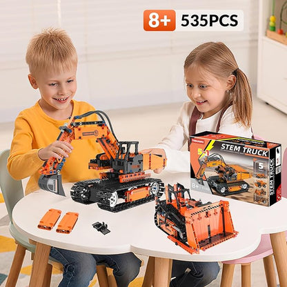 5in1 STEM Building Kits for Kids STEM Building Toys for Kid Remote &amp APP Controlled Excavator/Crane/Bulldozer/Road Roller/Dump Trucks Building Blocks Set for Boys Girls Birthday Xmas Idea Gifts