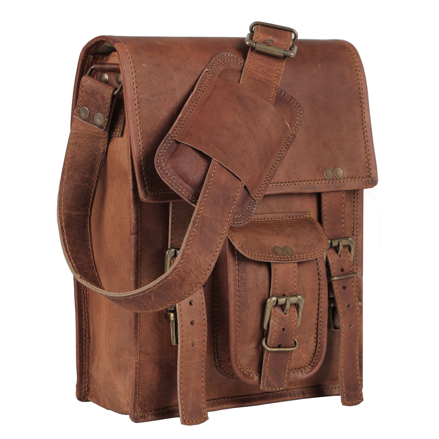 Komal's Passion Leather Sturdy Leather Messenger Satchel Bag 11 Inch Distressed Tan