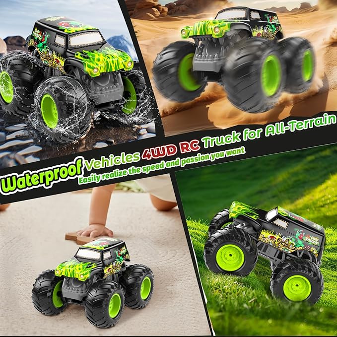Amphibious Remote Control Monster Truck for Kids Self-Balancing 4WD Stunt RC Truck with Wheelie Action Waterproof All-Terrain Off-Road Big Tire Toy Car for Boys Girls Ages 6–12 Pool Gift