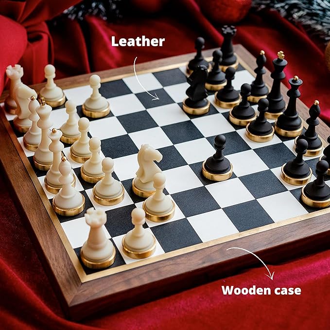 Luxury &amp Decorative Wooden Chess Set Walnut Leather Chess Board with Weighted Chess Pieces Unique Deluxe Wooden Chess Gifts for Board Game Lovers Handmade Chess Set with Storage