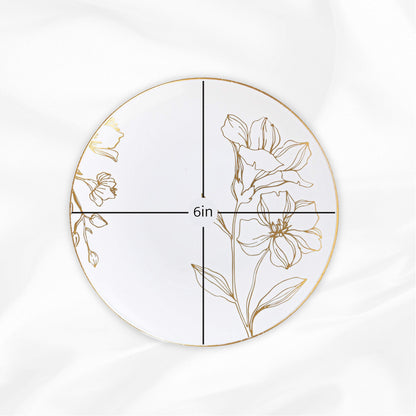 [6'' Plates 40 Count] White Plastic Floral Design Party Plates With Gold Rim Premium heavyweight Elegant Disposable Tableware Dishes
