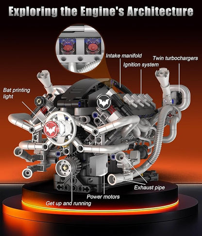 Mini V8 Engine Model Kit That Runs 770PCS Motorized Building Set for Adults with Lights STEM Construction Engineering Toy DIY Project Gift for Men and Teens