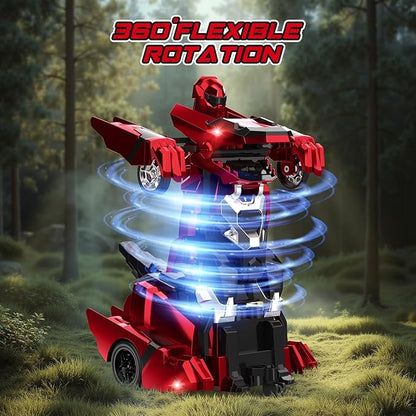 Dinosaur Transform Rc Cars 2.4Ghz Remote Control Car Transforming Robot with Flashing Light 360° Rotation One Button Deformation Car Toy Gifts for Boys Age 4-7 8-12