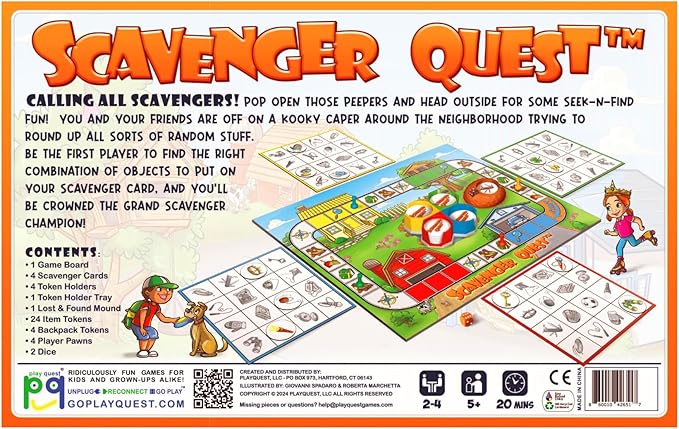 Scavenger Quest Board Game Fun for Kids and Adults 2-4 Players Ages 5+ Skill-Building &amp Educational Family-Friendly Outdoor Themed Seek-and-Find Game.