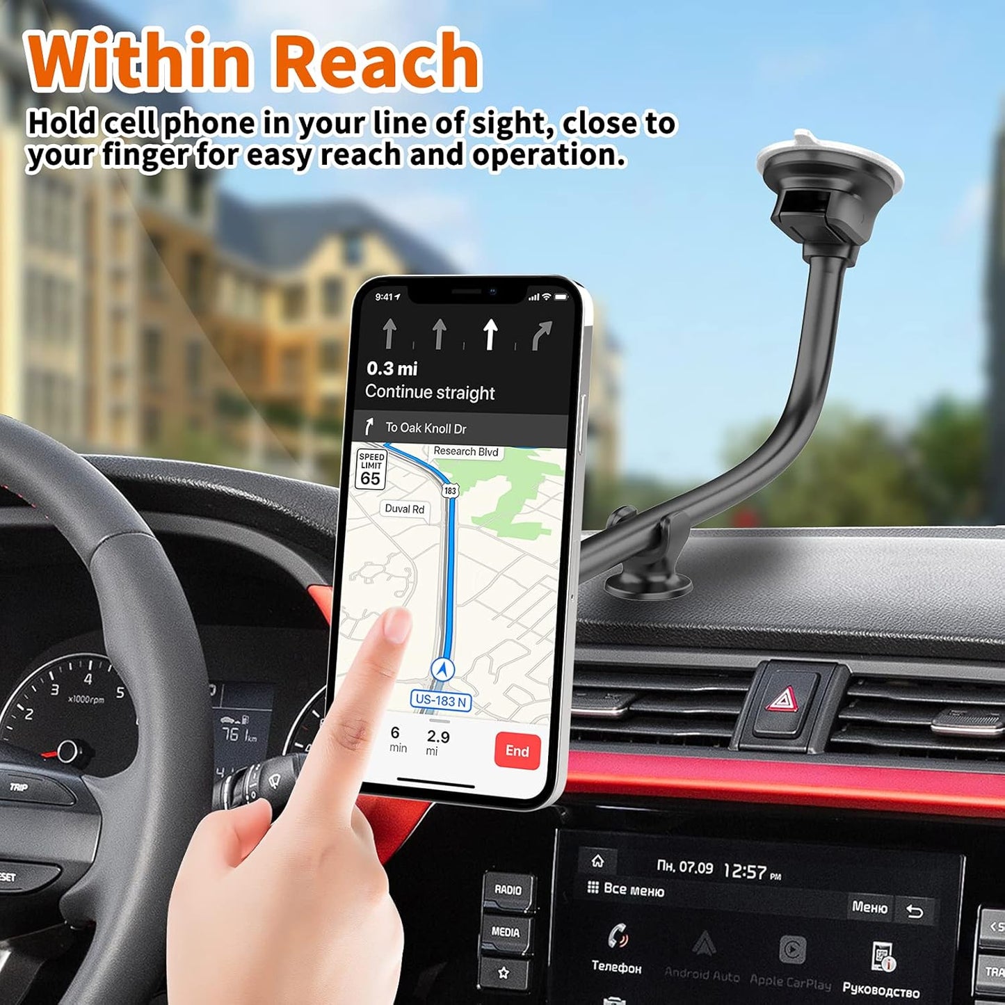 1Zero Magnetic Phone Car Mount 14-Inch Gooseneck Long Arm Extension, Universal Windshield Dashboard Industrial-Strength Suction Cup Car Phone Holder with 6 Strong Magnets, for All Cell Phones iPhone