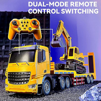 RC Semi-Trailer Truck with Excavator Toy Set - 1:12 Scale Remote Control Flatbed Truck and Excavator Toy for Kids 22.5 Inch with Lights &amp Music RC Construction Vehicle Toys for Boys 6-12 Years O