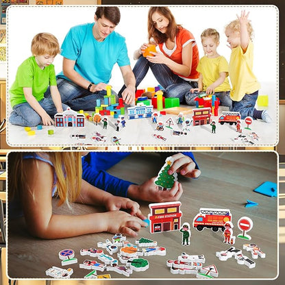 50 Pcs Wooden Community Helpers Play Set Community Includes Little Wooden People Buildings Cars Multicultural Figurines Toy Preschool Little Professionals Block Character (Classic)