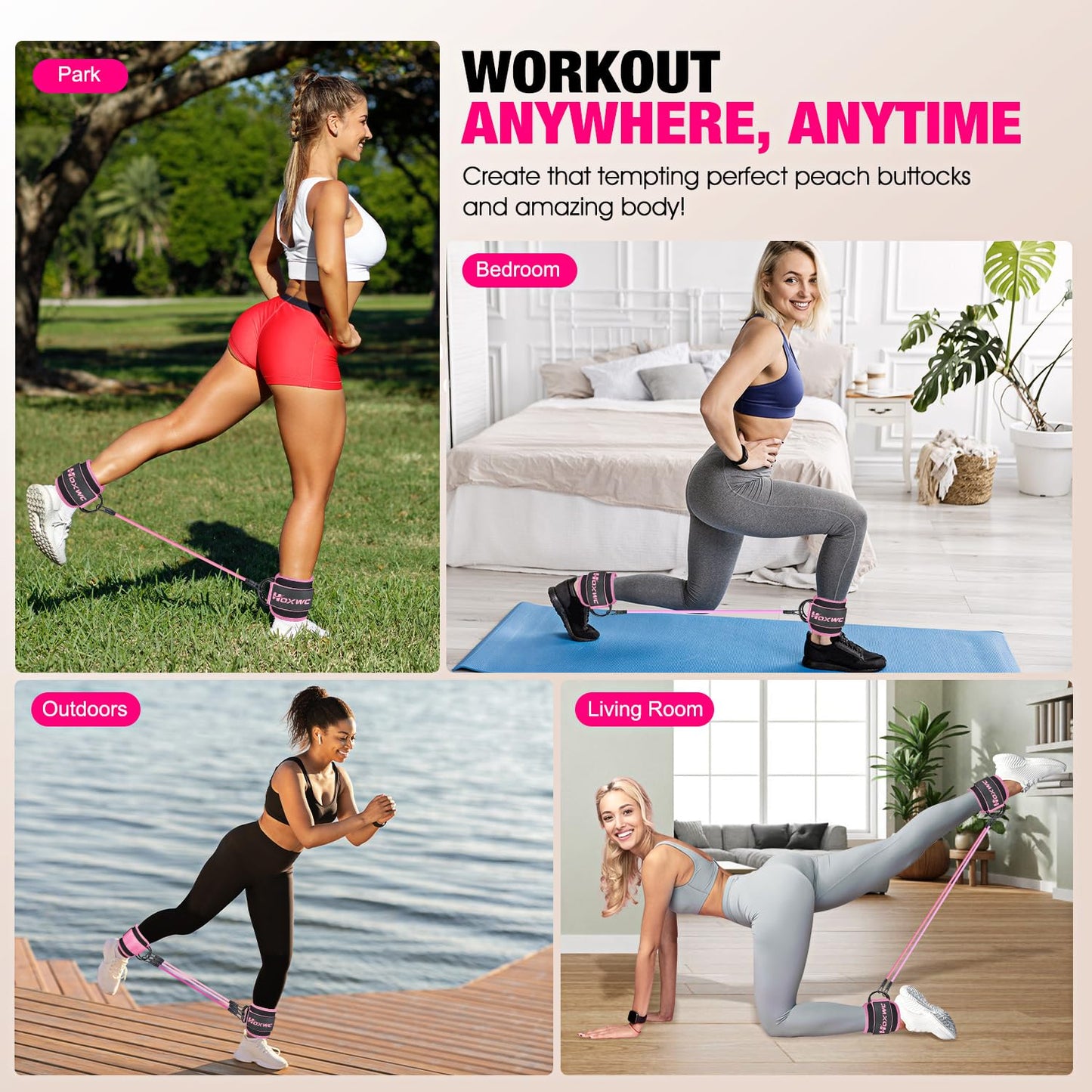 HOXWC Ankle Bands with Cuffs for Leg and Booty Workouts - Resistance Bands for Kickbacks and Hip Training