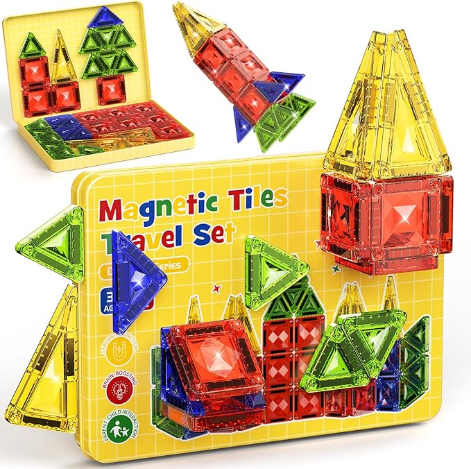Mini Magnetic Tiles Travel Set - 40PCS Diamond Texture Magnetic Building Blocks for Kids 10% Thicker &amp Portable Yellow Metal Storage Box Montessori STEM Educational Toys Gift for Ages 3+