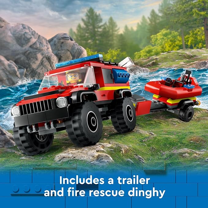 LEGO City 4x4 Fire Truck with Rescue Boat - Building Toy for Boys &amp Girls Ages 5+ - Gift for Birthdays - Truck Toy W/ 3 Minifigures - 60412