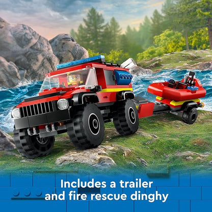 LEGO City 4x4 Fire Truck with Rescue Boat - Building Toy for Boys &amp Girls Ages 5+ - Gift for Birthdays - Truck Toy W/ 3 Minifigures - 60412