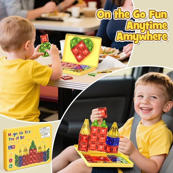 Mini Magnetic Tiles Travel Set - 40PCS Diamond Texture Magnetic Building Blocks for Kids 10% Thicker &amp Portable Yellow Metal Storage Box Montessori STEM Educational Toys Gift for Ages 3+