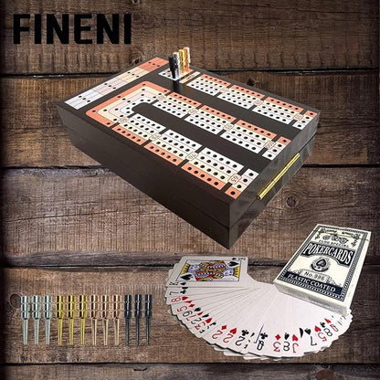 Foldable Cribbage Board Game Set Premium Wooden Foldable Board with Magnetic Lock 12 Metal Pegs Playing Cards with Travel Portable – Continuous 4 Track Board (Dark2)