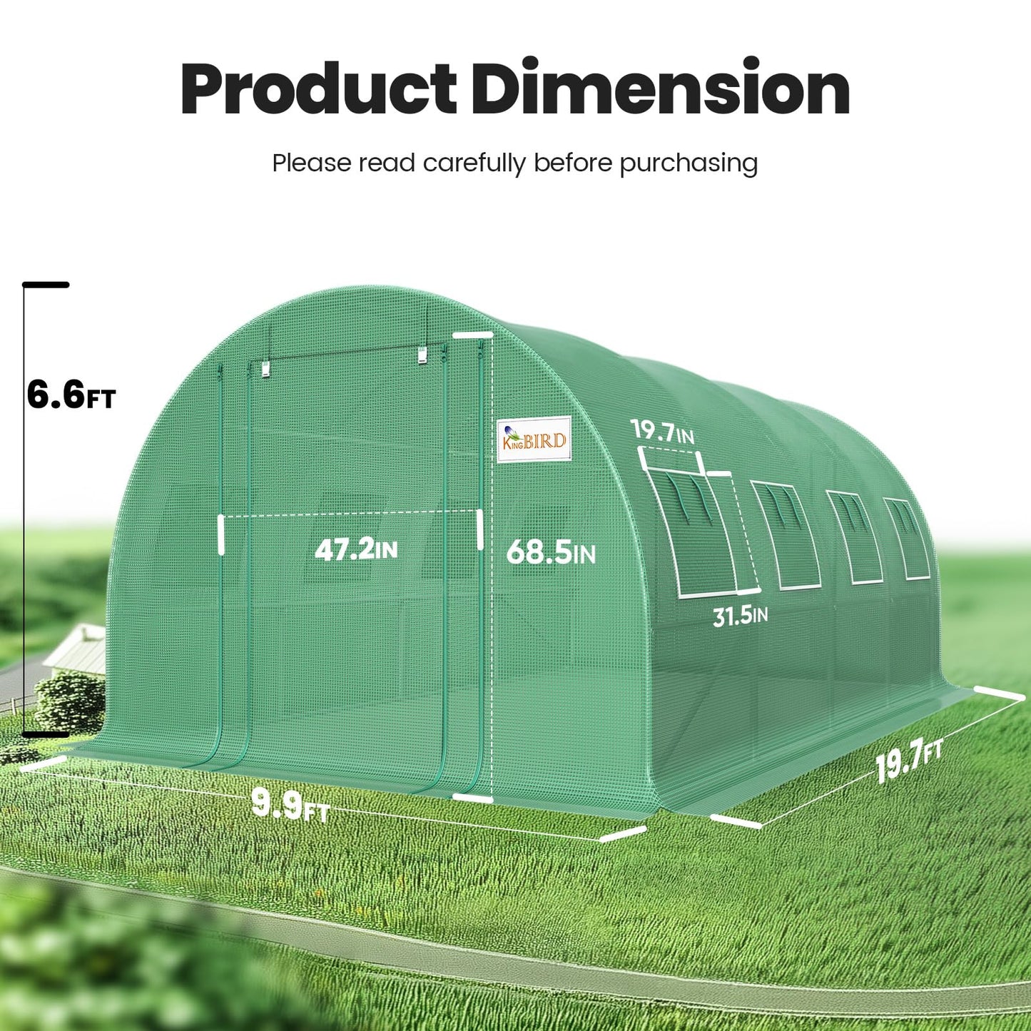 KING BIRD Premium 20x10x6.6FT Greenhouse for Outdoors, Large Walk-in Heavy Duty Galvanized Steel Frame, Mesh Door Screen Window Upgraded Zipper Tunnel Hoop for Garden Plant Winter, Green