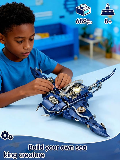 Devil Fish Building Set for Adults Sea Ocean Animals Model Toys with Light Compatible with Lego Fish Ideas Fish Toys with Display Stand for Office Home Decor for Boys Girls 8-14