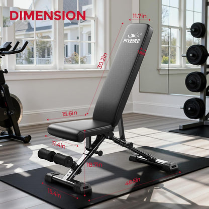 FLYBIRD Adjustable Weight Bench, ASTM-Certified 800LBS Workout Bench Foldable for Home Gym, 90° to -30° FID and 30in Extended Backrest for Bench Press Strength Training Exercise
