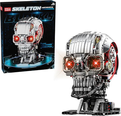 1099PCS Mechanical Skull Building Block Set3D Poseable Model with LED Light Movable Linkage Gears Display Stand STEM Toys Gift for Kids &amp Adults Perfect for Horror Fans &amp Gothic Room Decor