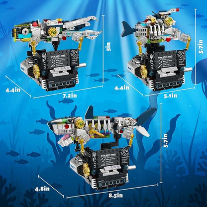 Mechanical Shark 3 in 1 Building Set 423pcs Compatible with Lego Shark Lantern Fish Octopus Models Deep Sea Ocean Kit Interactive Moving Base with Handle Control STEM Educational Toy for Kids 6+