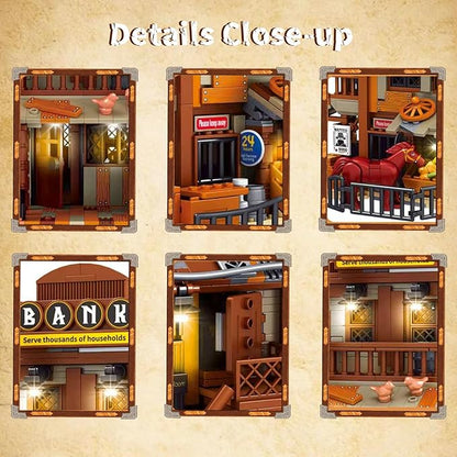 Western Bank Modular Building Set for Adults Wild West Cowboys Cabin with HorsesWagon &amp LED Lights Collection House Set for West Lovers (1299PCS)