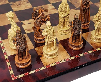 Antique Ivory &amp Brown Norse Viking Chess Set with 18 inch Cherry Color Board