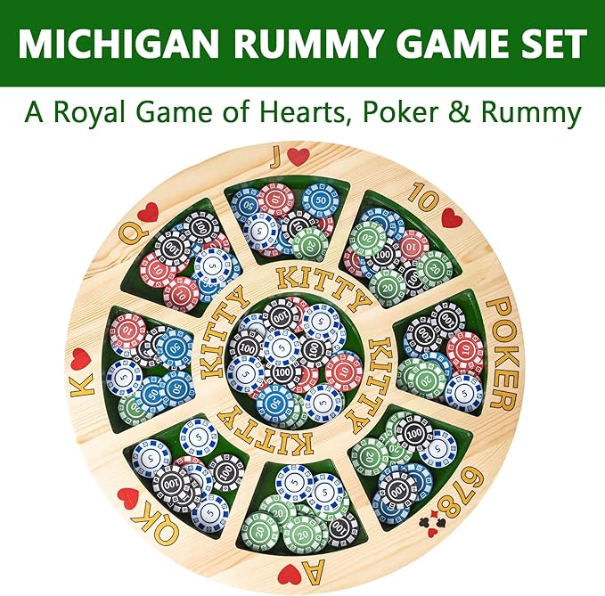Giant Michigan Rummy Deluxe Board Game Set : Wooden Game Board + 2 Boxes of Playing Chips (200 Pieces) + 1 Deck of Poker + 1 Game Manual. The Perfect Blend of Rummy and Poker Perfect for Family Game