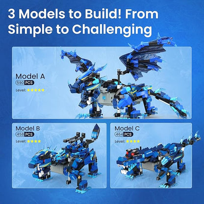Sillbird Dragon Building Kit with Remote Control STEM Gifts for Kids Boys Ages 8-12 Technic Buildable 3in1 Models Coding Toys for Birthday with 590 Pieces