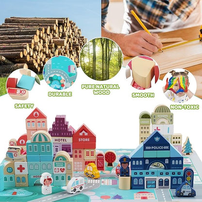181pcs 'Streetscape' Wooden Building Block Set for Toddlers Jigsaw Puzzle City Map 11 Buildings (3 Extra Bonus: Circus Zoo &amp Construction Site) Preschool Learning Educational Toys