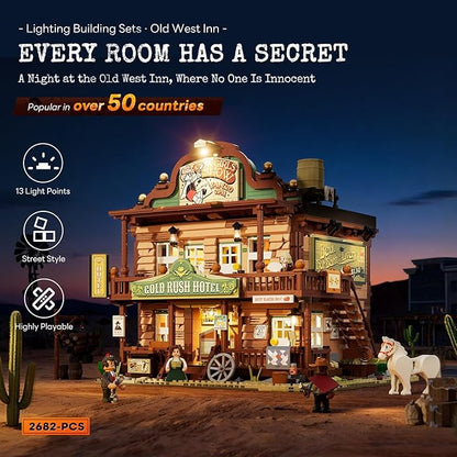 Western-Inn Lighting-Building-Bricks Set - 2682 Pcs The Old West Inn Light Construction Hotel Building Model Set for Adults and West Lovers