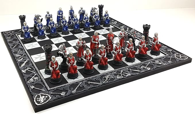 Medieval Times Crusades Red and Blue Armored Maltese Knights Chess Set with 17 Board