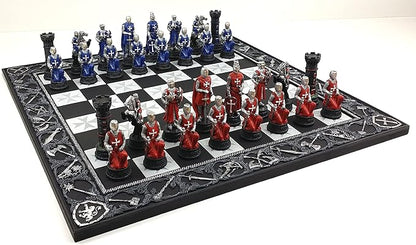 Medieval Times Crusades Red and Blue Armored Maltese Knights Chess Set with 17 Board