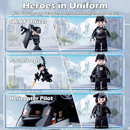 City SWAT Building Set - 7 Minifigures Helicopter Police Car &amp 830 Pieces - Compatible with Lego City Police Station - Gift for Boys &amp Girls Aged 6+