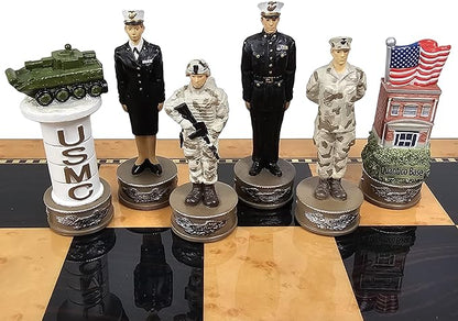 US Military Chess Set Army Navy Air Force or Marines. Choose 2 Branches of Men with 17 inch Walnut Color Storage Board (Navy vs Marines)