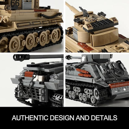 WW2 Army Tank Toys Building Kit Compatible with Lego Create a German Tiger &amp an American M4 Sherman Models with 1184 Blocks Great Military Toy Gifts for Boys Kids Age 8-14