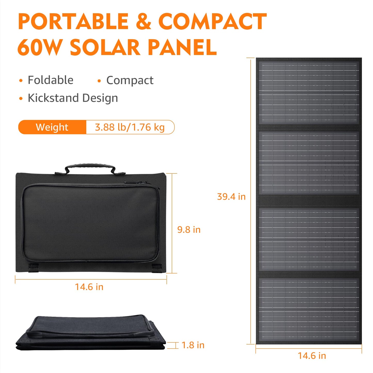 60W Solar Panel for Portable Power Station, Foldable Solar Panel with 12-18V DC Output/USB QC3.0/USB C(10 Changeable DC Adapters), Portable Solar Panels for Camping, Home, Travel, Rv