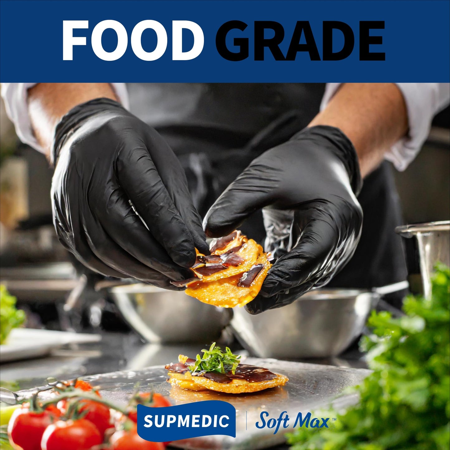 Supmedic Disposable Nitrile Gloves, Chemical Resistant, Powder-Free, Latex-Free, Food Safe, Medical Exam Gloves, Black, Large, 100 Pcs
