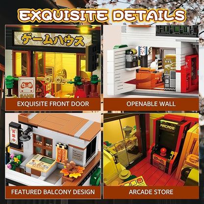 Reobrix Japanese Game Store Building Blocks with Light 2 in 1 Japanese Street View House Model Set 66503 Creative Modern Construction Toy Ideal Collectible Gifts for Adults and Boys